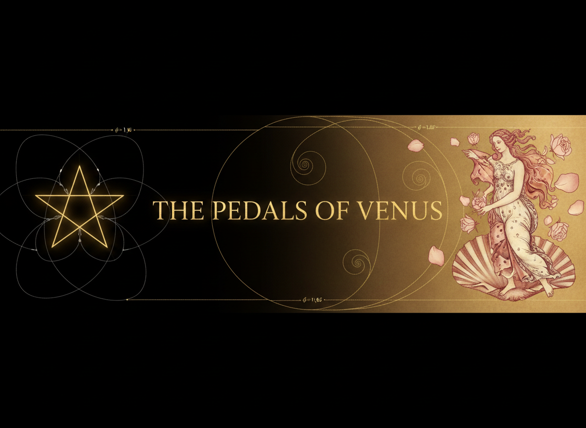 Venus orbital rose tracing a perfect five-petaled pentagram pattern in gold against deep cosmic black