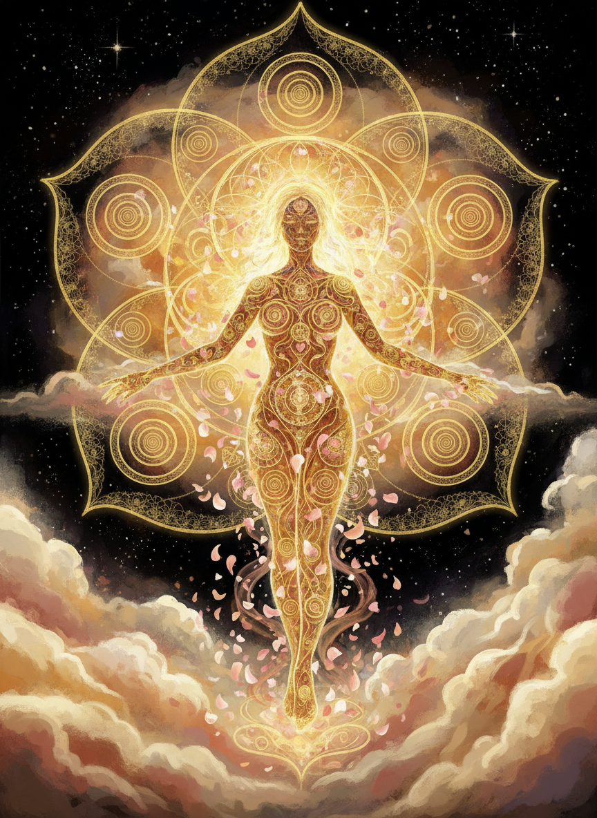 A symbolic, ethereal goddess of Venus — a radiant female silhouette composed of golden light, sacred geometry, and flowing rose petals. She stands within a five-petaled orbital rose made of golden ratio spirals, surrounded by soft cosmic clouds and distant stars. Deep black background with warm gold, blush rose, and ivory tones. No nudity. Painterly, Renaissance-inspired but abstract and mystical. Portrait orientation.